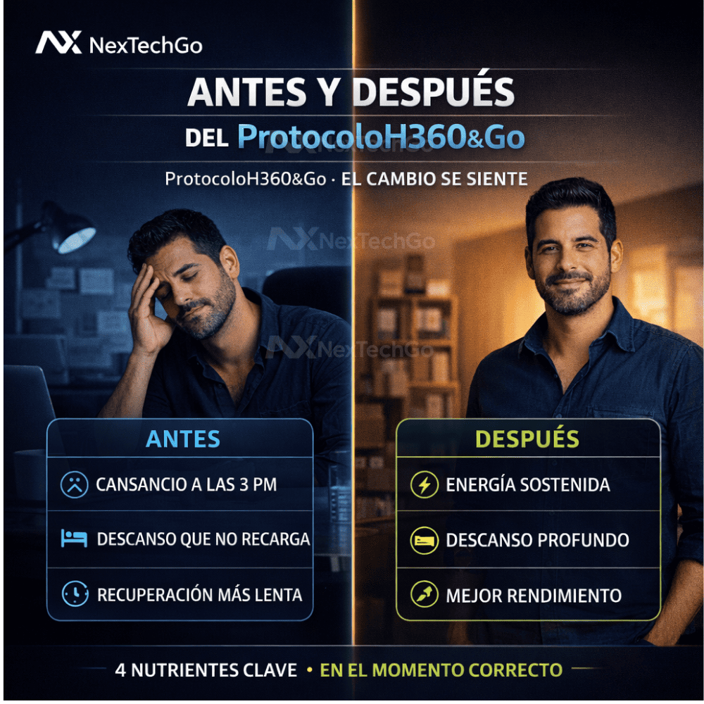 ProtocoloH360&Go™ — 4 suplementos, 1 solo protocolo para el hombre: energía, descanso y rendimiento físico.