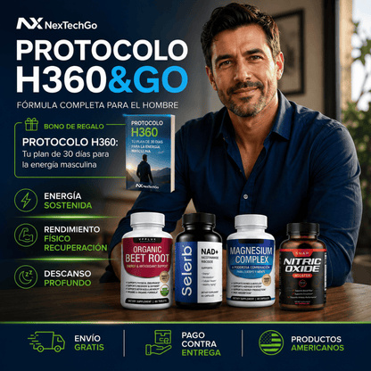 ProtocoloH360&Go™ — 4 suplementos, 1 solo protocolo para el hombre: energía, descanso y rendimiento físico.