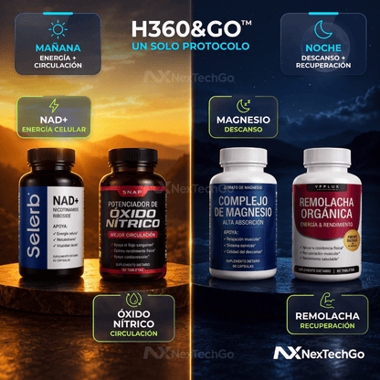 ProtocoloH360&Go™ — 4 suplementos, 1 solo protocolo para el hombre: energía, descanso y rendimiento físico.